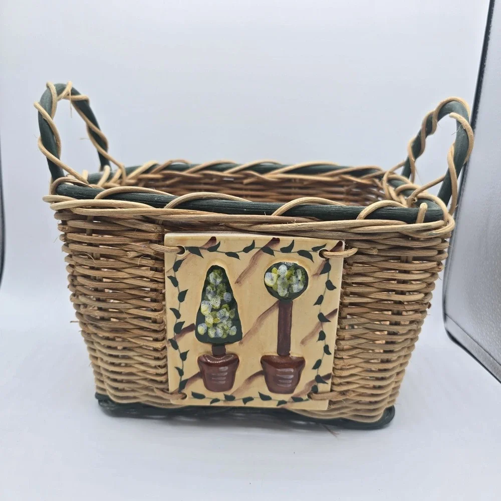 Vintage 1980s Wicker Basket Handles Ceramic Topiary Tree Tile Decor Cottagecore‎